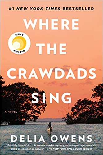 coperta filmului Where the Crawdads Sing de Delia Owens, fotografie cu o persoana intr-o canoe pe un rau sub un cer portocaliu de amurg