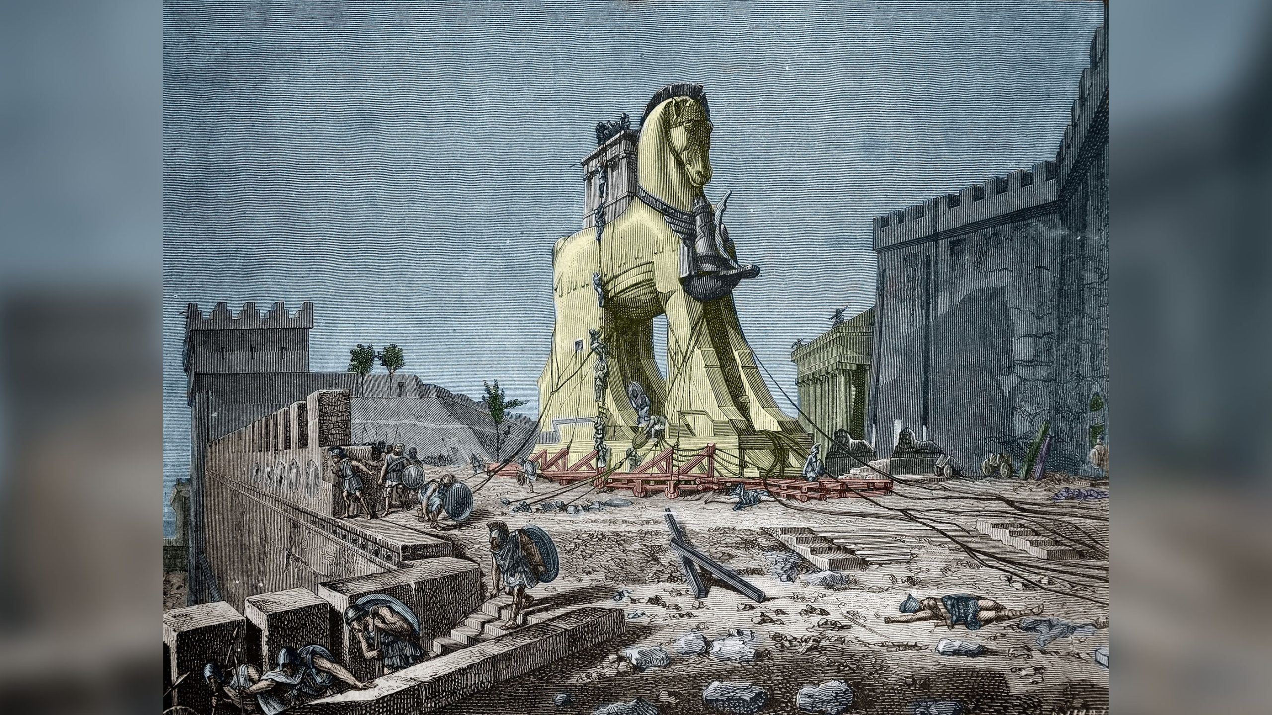 Calul troian, subterfugiul pe care grecii l-au folosit pentru a intra in orasul Troia este prezentat in aceasta gravura din secolul al XIX-lea.